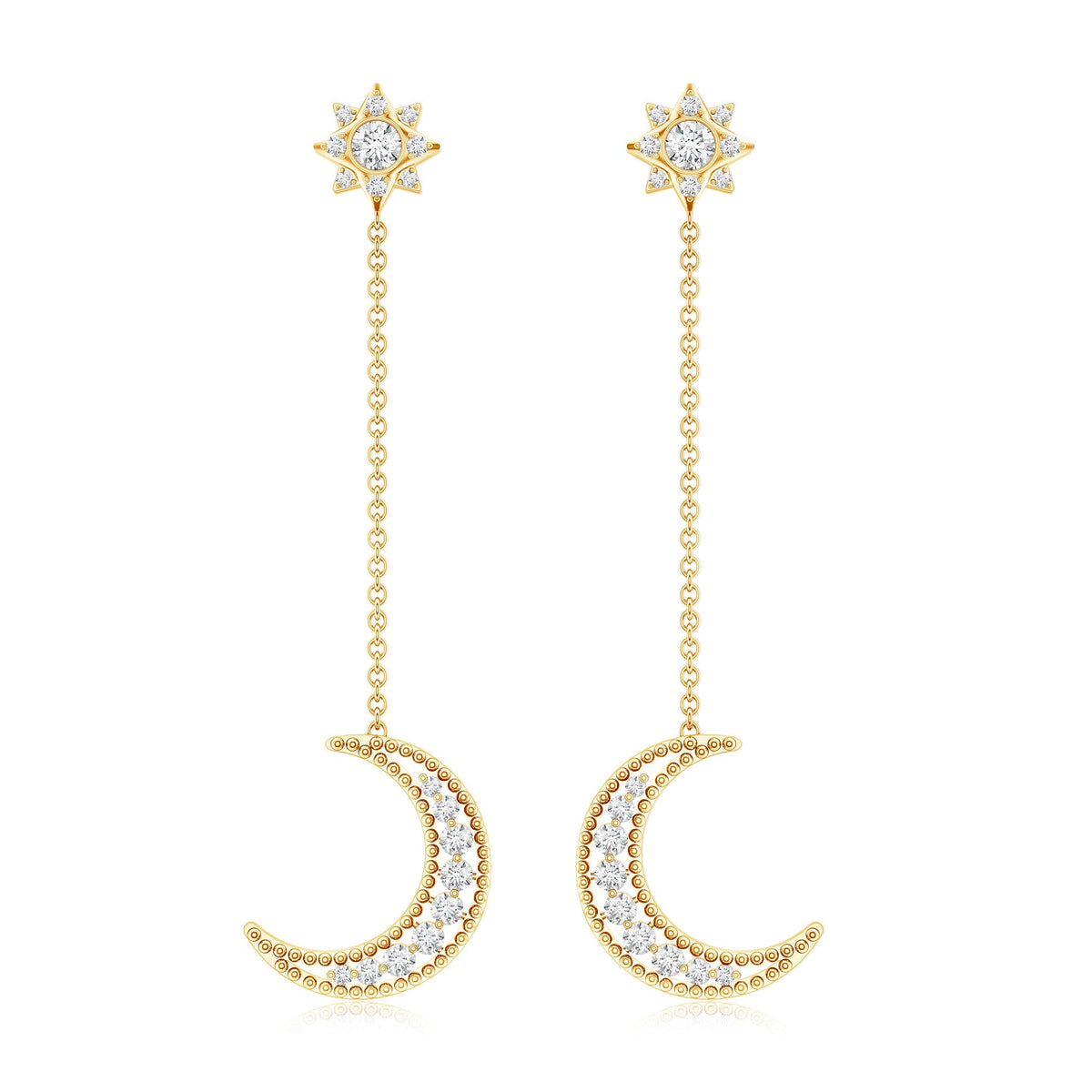 Certified Diamond Star and Moon Chain Earrings