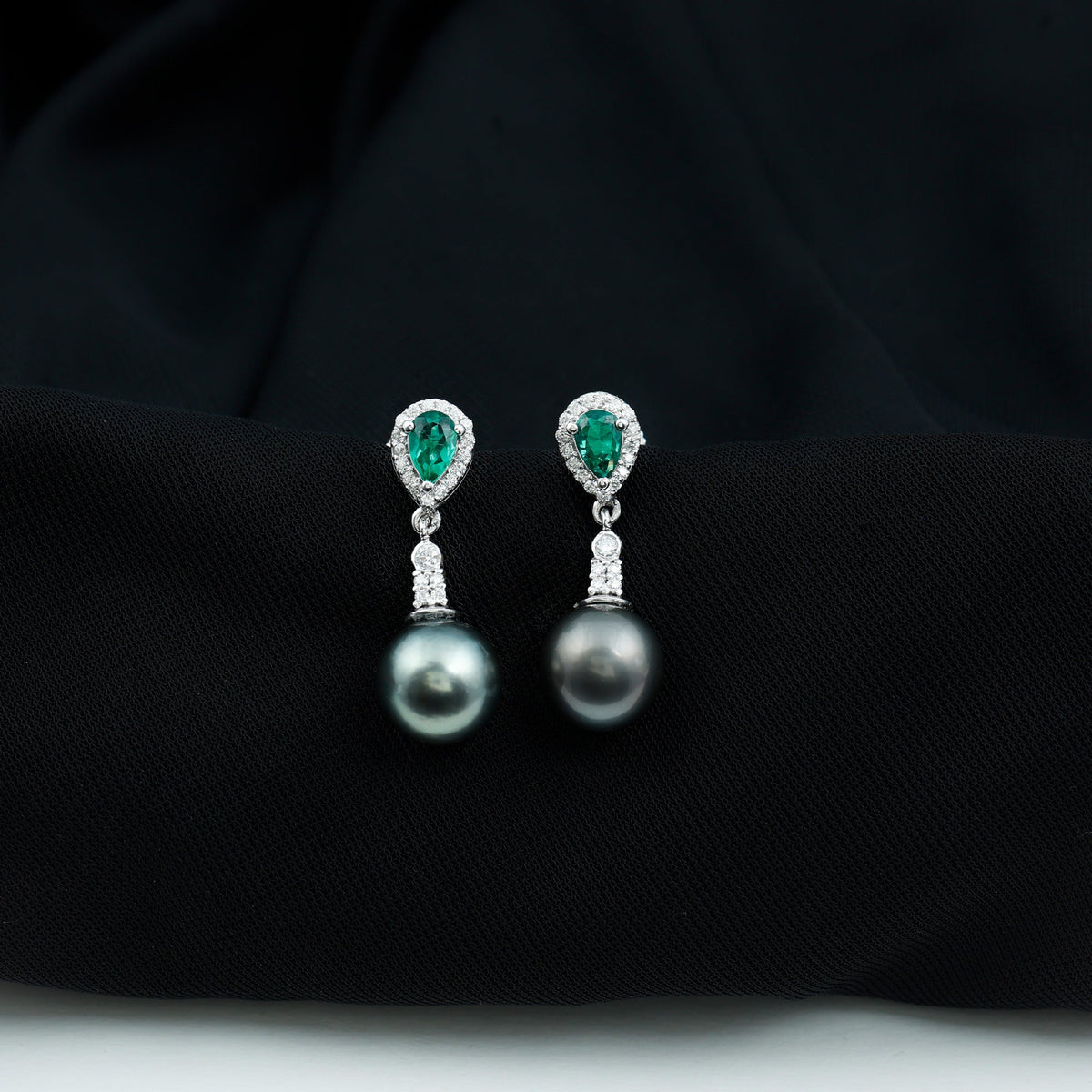 Vintage Looking 15 Carat Black Pearl Dangle Earrings with Lab Emerald and Diamond