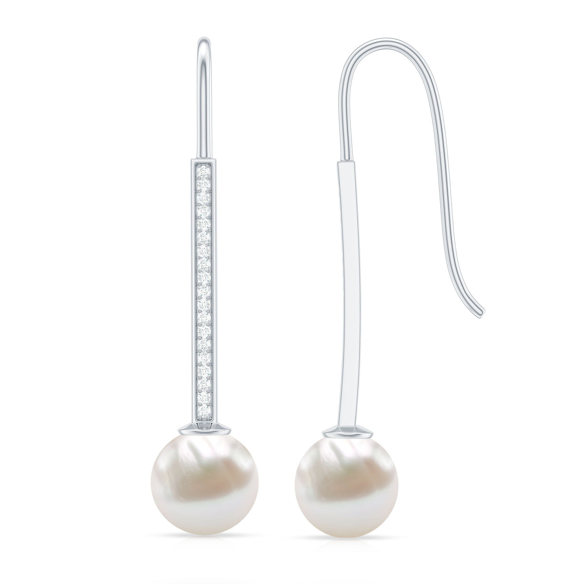 Cultured Freshwater Pearl Diamond Dangle Earrings with Fish Hook