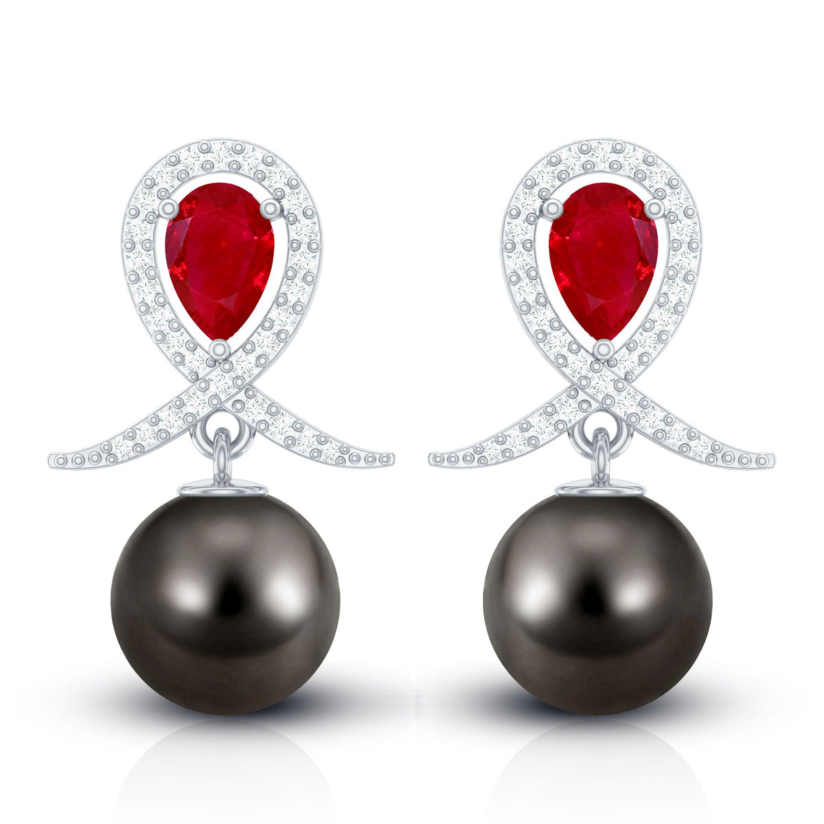 Vintage Style Tahitian Black Pearl Bridal Earrings with Ruby