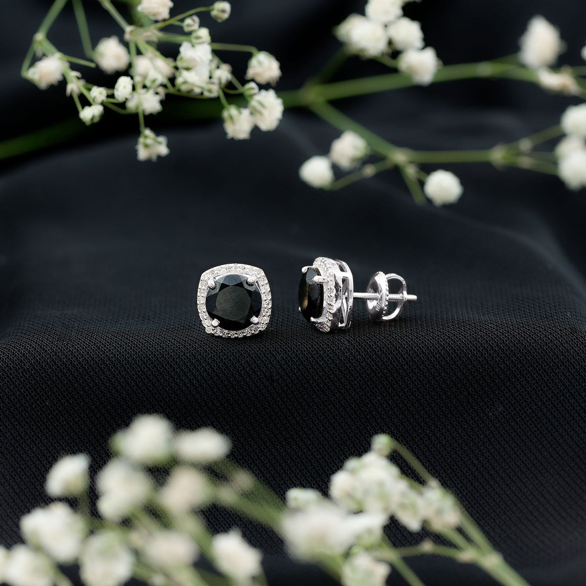 3 Carat Black Spinel Stud Earrings with Diamond Halo