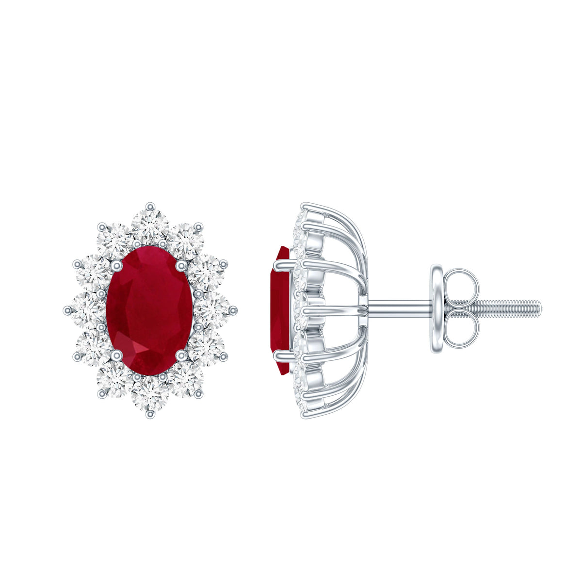 Genuine Oval Cut Ruby and Diamond Halo Stud Earrings