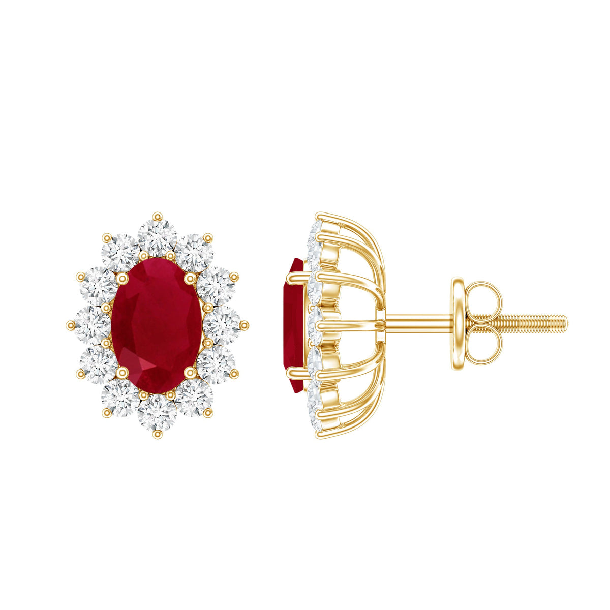 Genuine Oval Cut Ruby and Diamond Halo Stud Earrings