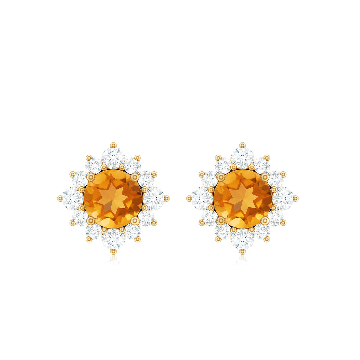 1 CT Classic Citrine Stud Earrings with Diamond Halo
