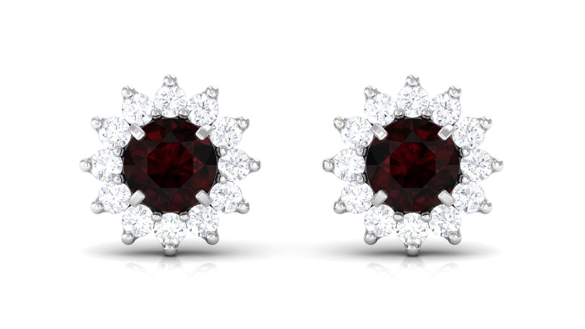 Natural Garnet and Diamond Flower Halo Stud Earrings