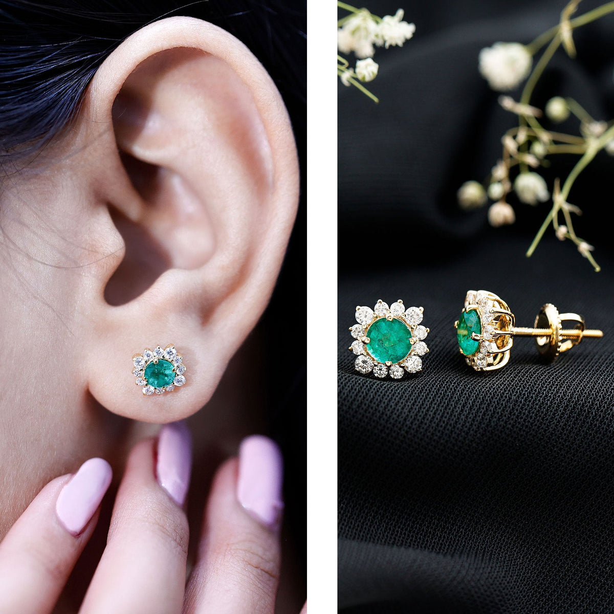 Real Emerald Stud Earrings with Diamond Halo