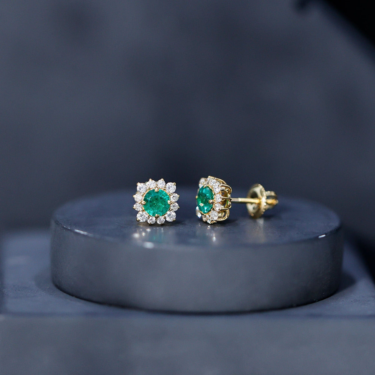 Real Emerald Stud Earrings with Diamond Halo