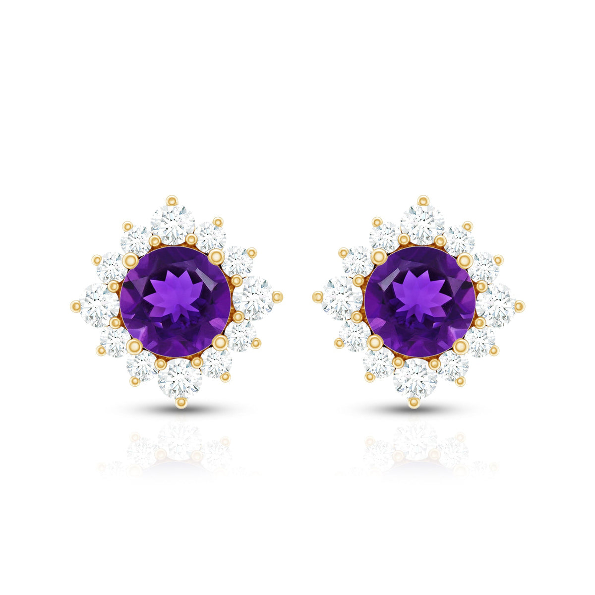 Genuine Amethyst Stud Earrings with Diamond Halo