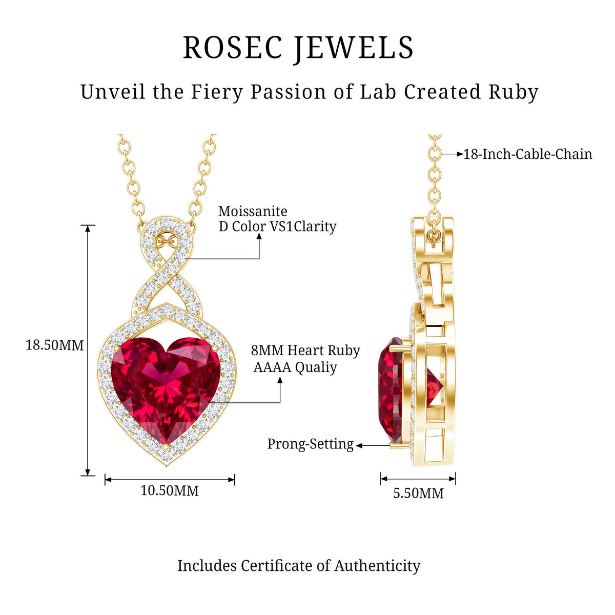 Certified Lab Created Ruby Heart Infinity Necklace With Chain
