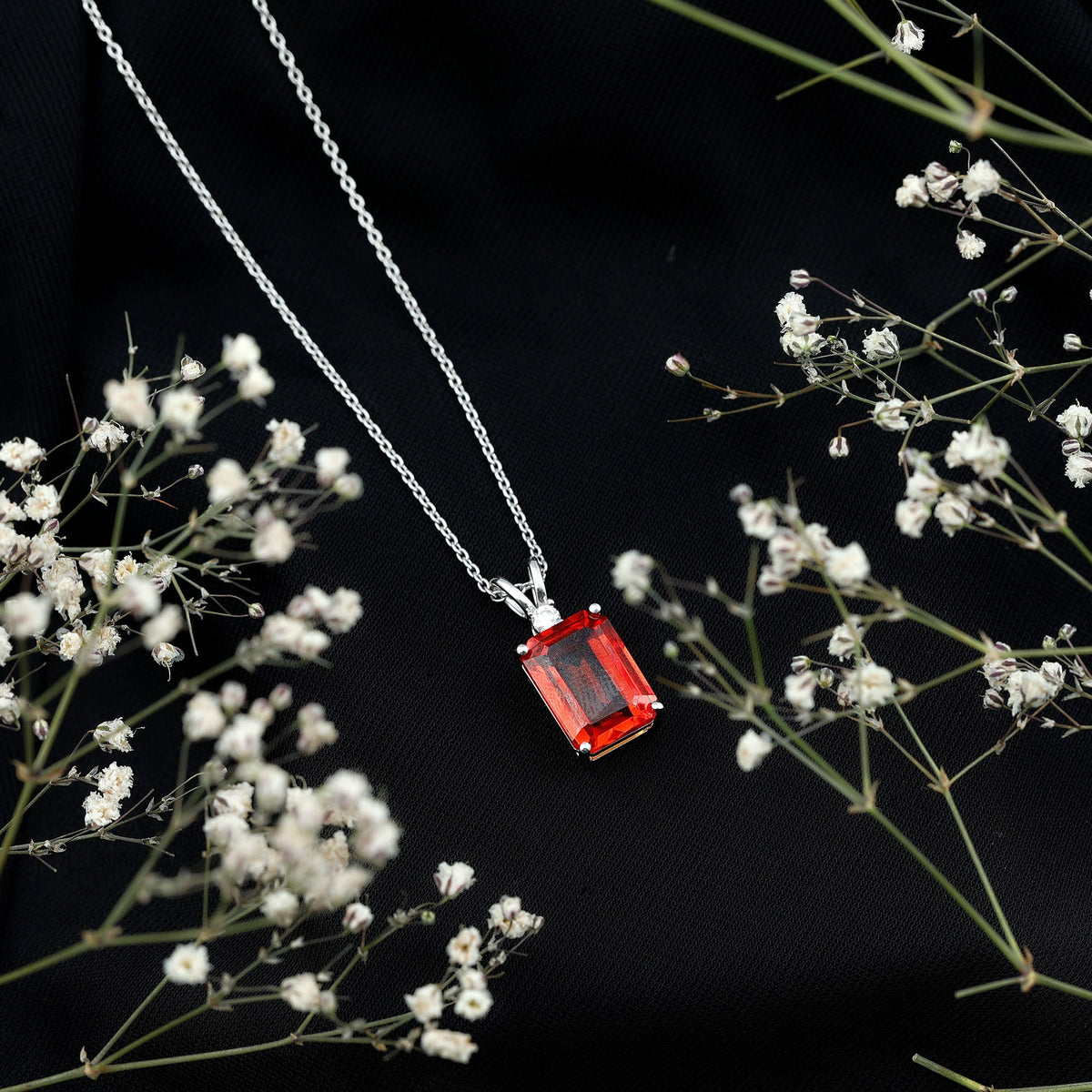 Certified 9 Carat Lab Grown Orange Sapphire Emerald Cut Necklace With Silver Chain