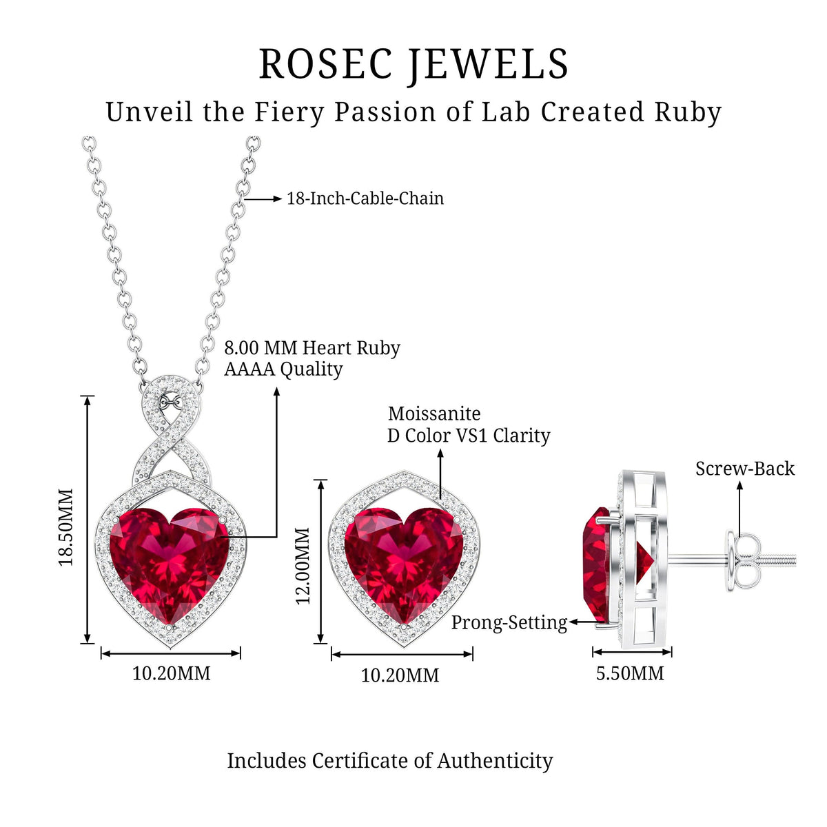 6 Carat Heart Shape Lab Created Ruby Pendant and Earrings Set