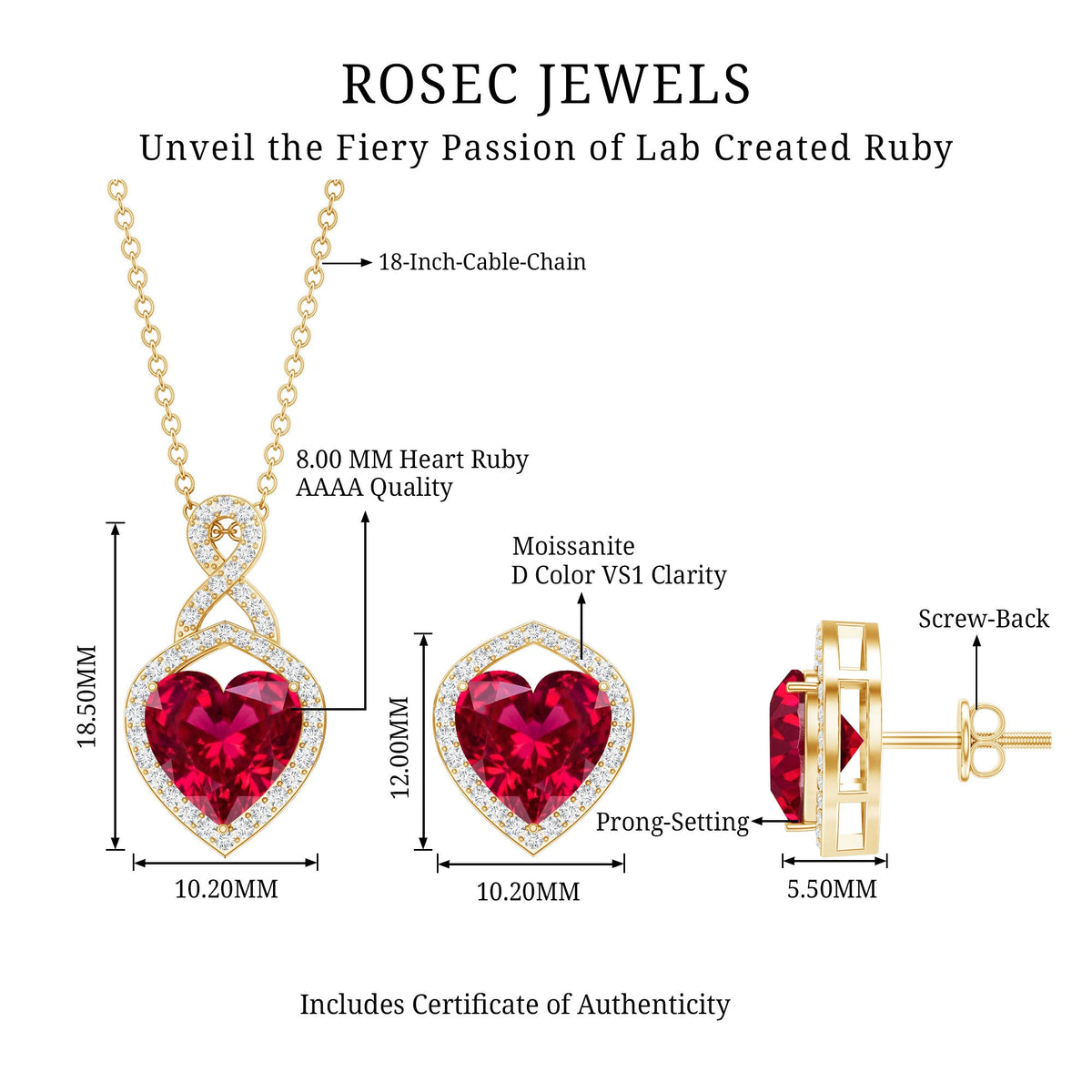 6 Carat Heart Shape Lab Created Ruby Pendant and Earrings Set