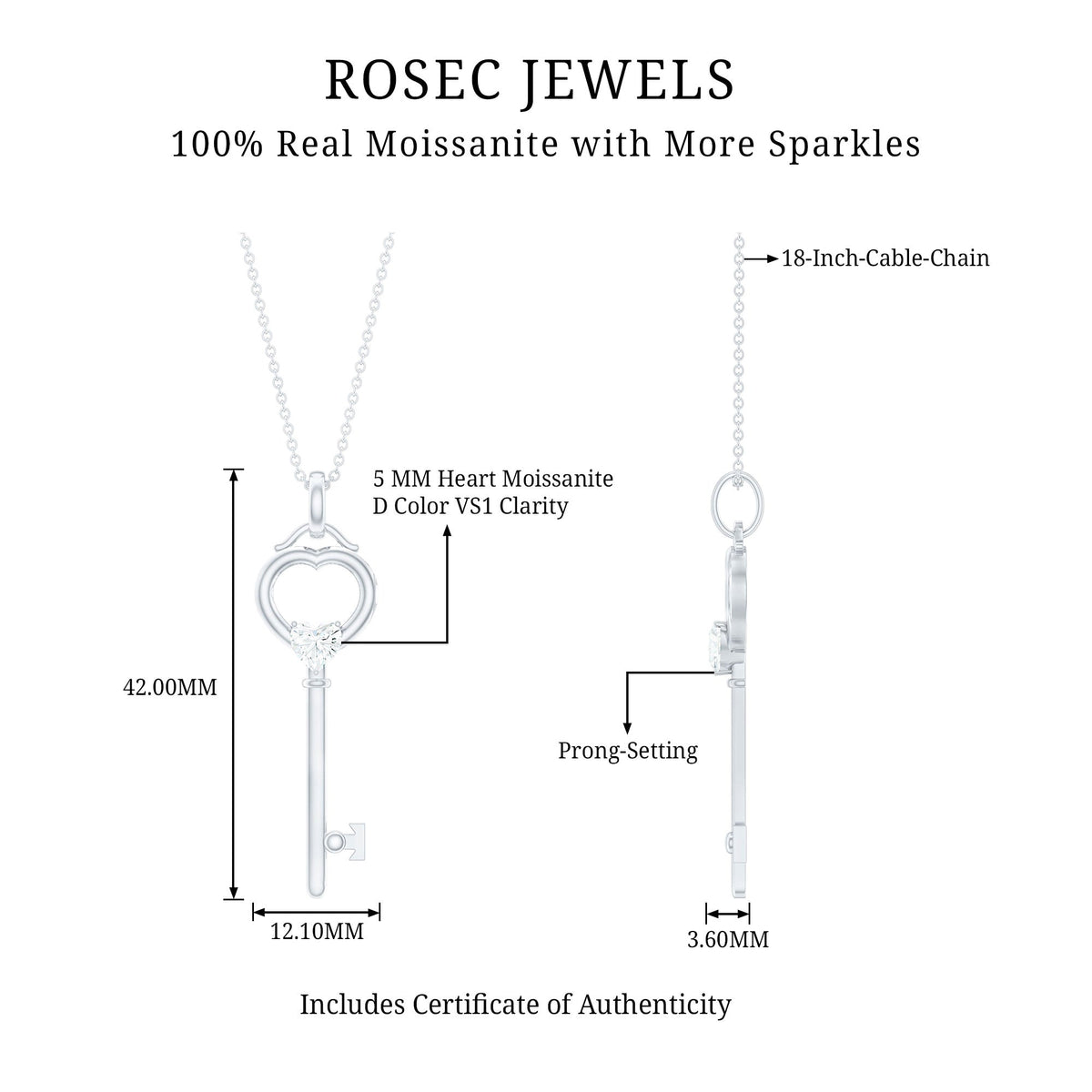 Certified Heart Shape Moissanite Key Necklace for Women