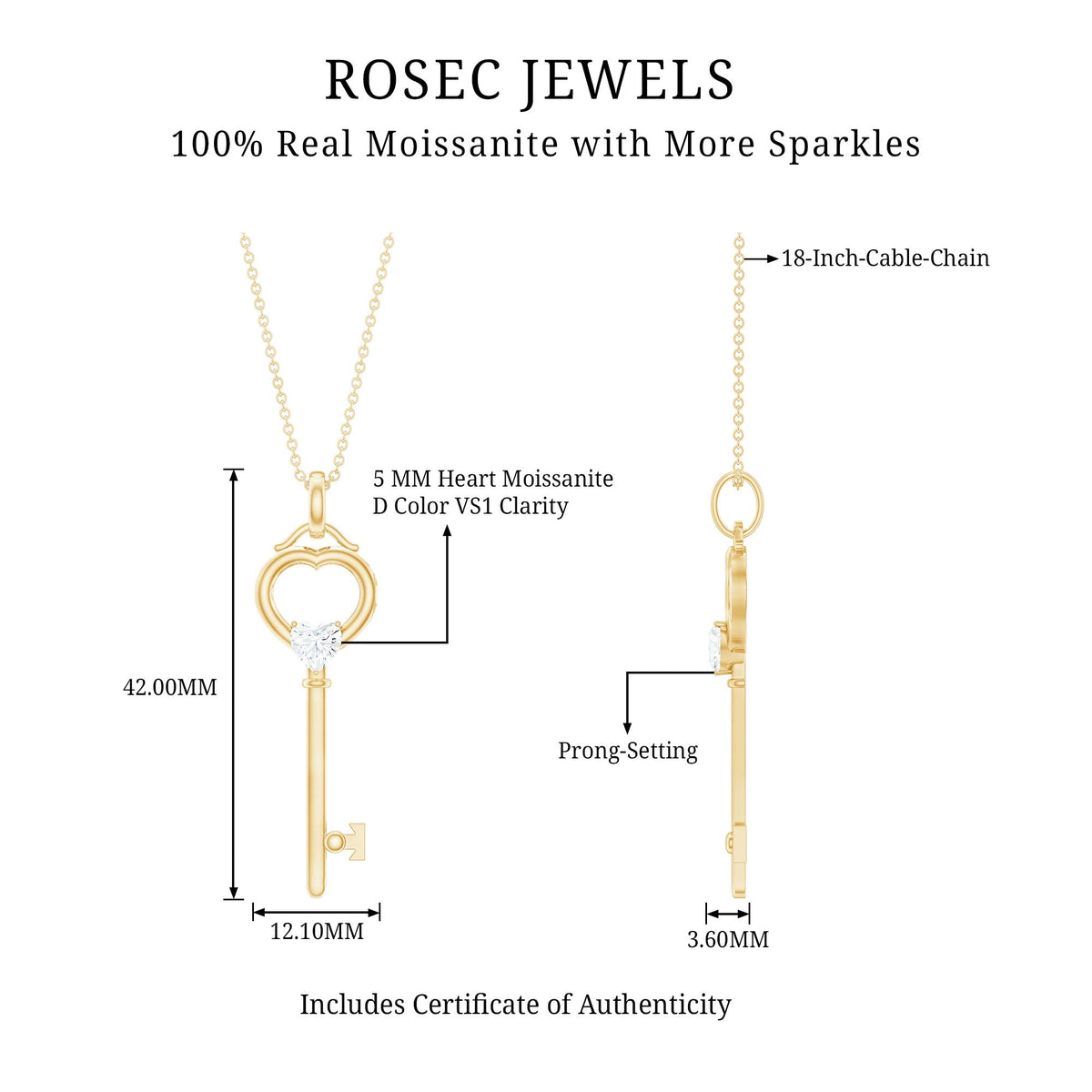 Certified Heart Shape Moissanite Key Necklace for Women