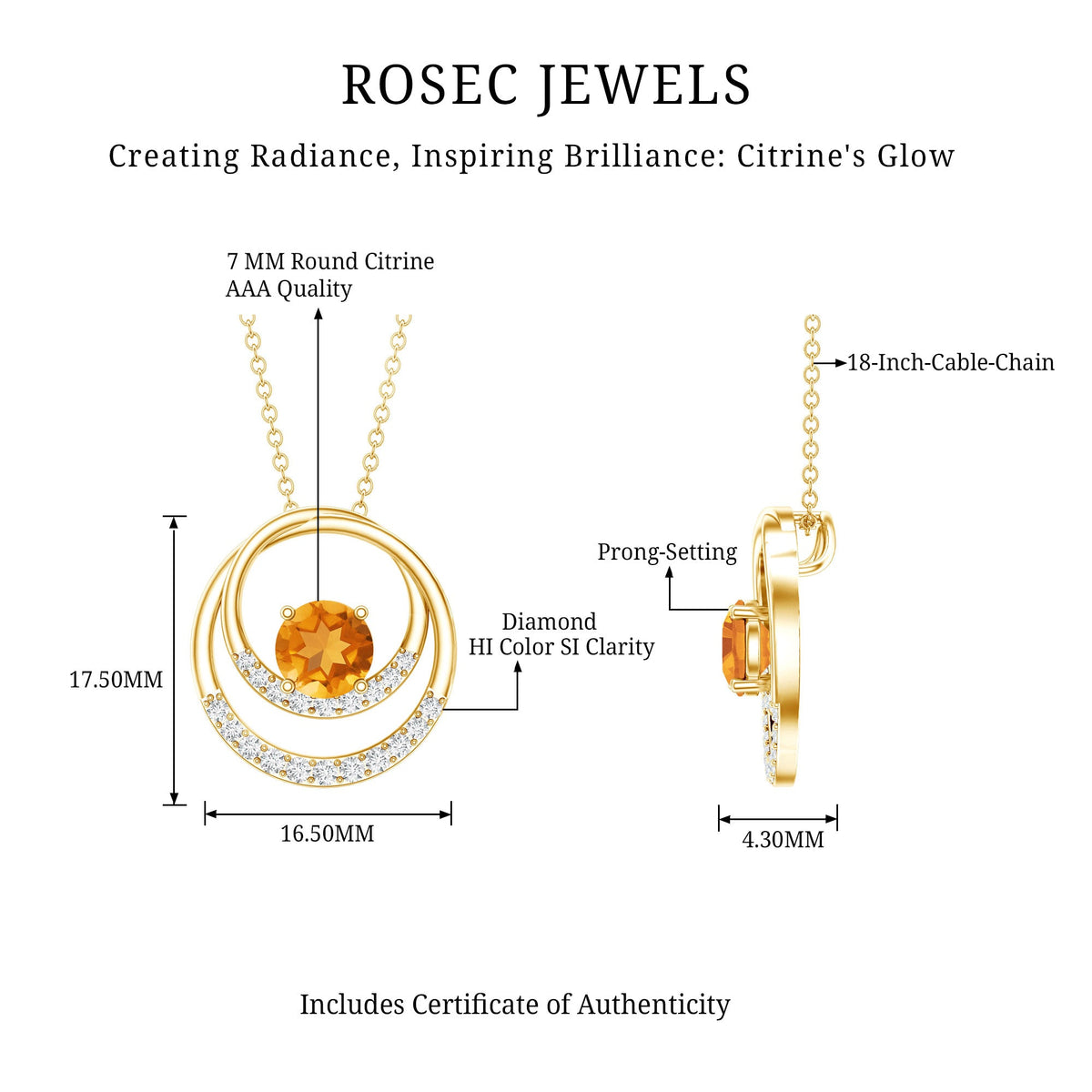 Natural 1.2 Carat Citrine Circle in Circle Necklace with Diamond