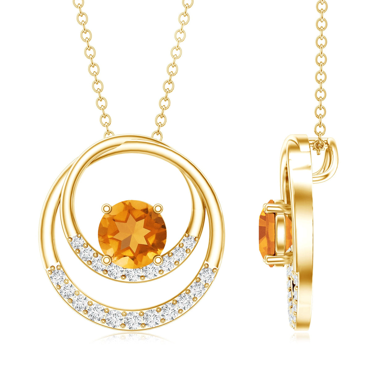 Natural 1.2 Carat Citrine Circle in Circle Necklace with Diamond