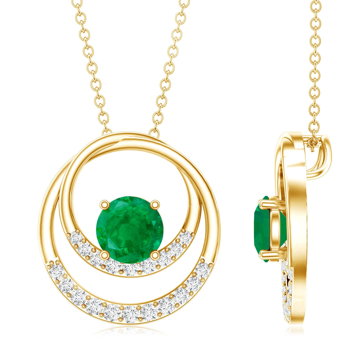 Natural Half Carat Emerald Double Circle Necklace with Diamond