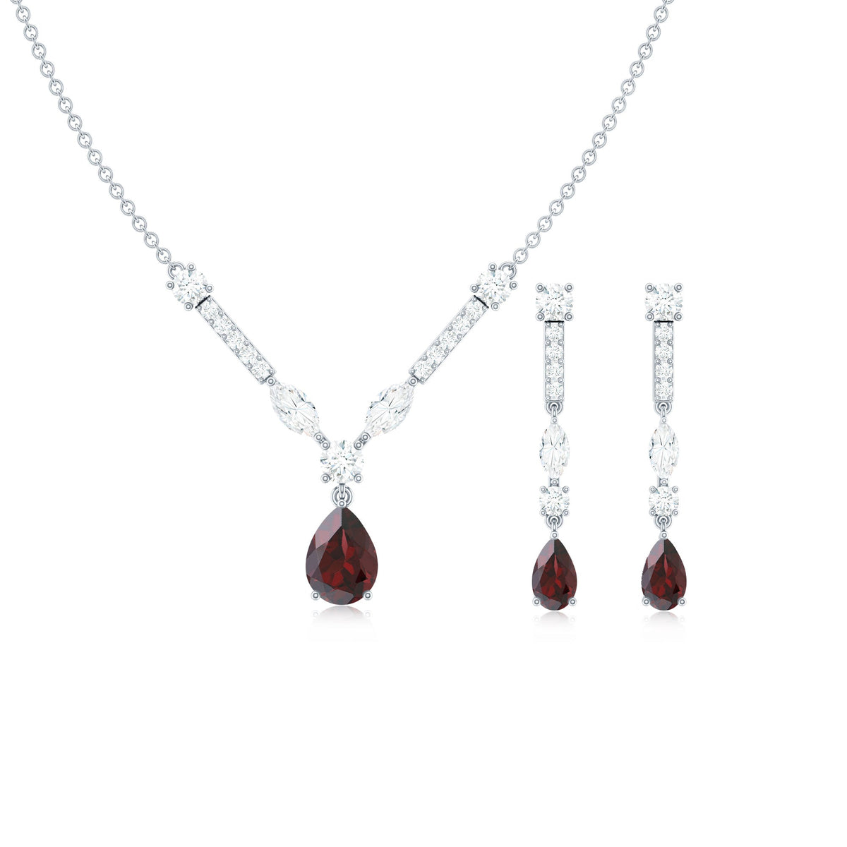 Garnet Drop & Dangle Necklace and Earrings Set with Moissanite