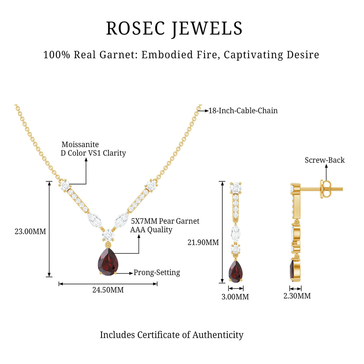 Garnet Drop & Dangle Necklace and Earrings Set with Moissanite