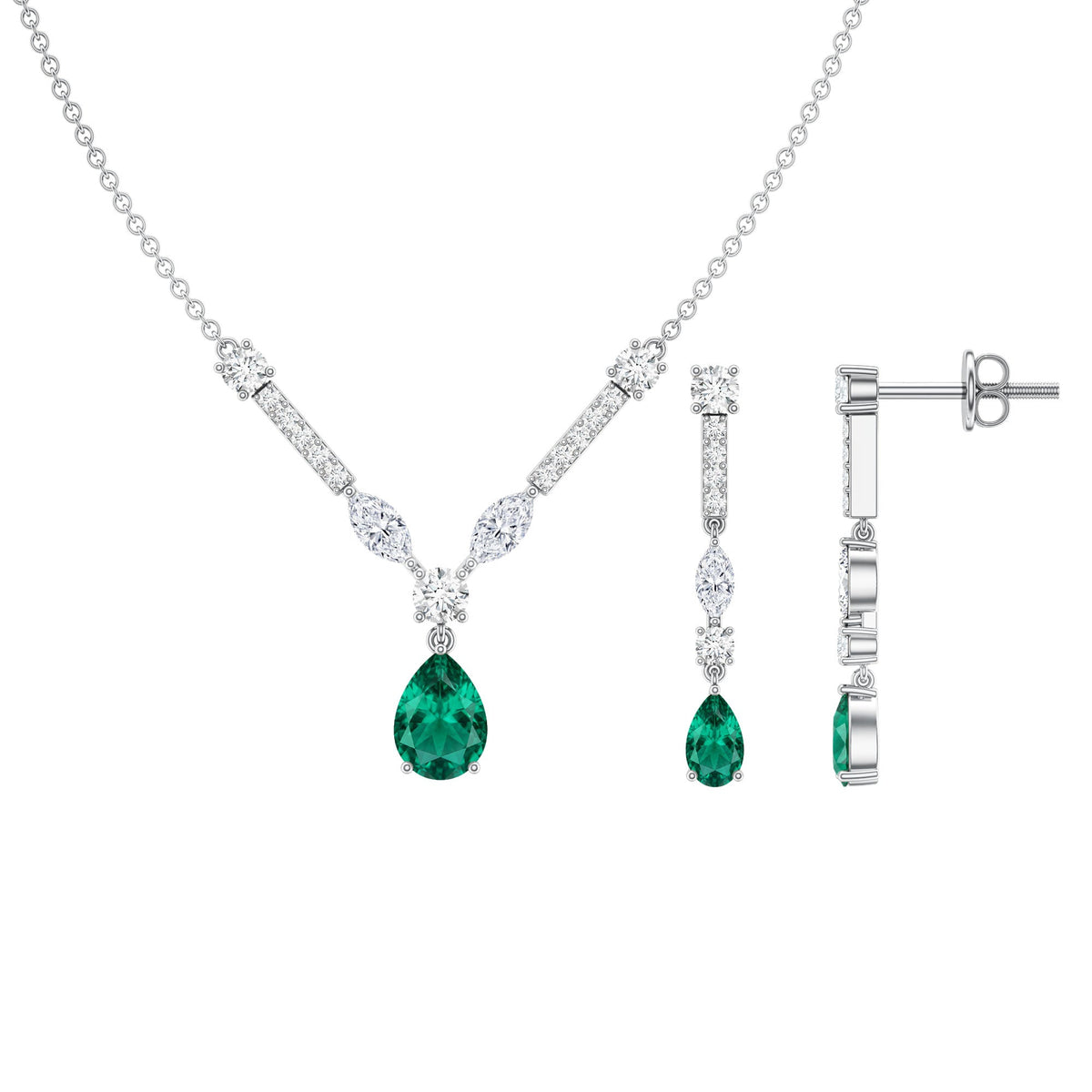 Lab Created Emerald and Moissanite Bridal Necklace Earrings Set