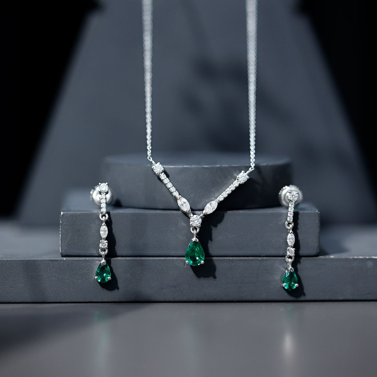 Lab Created Emerald and Moissanite Bridal Necklace Earrings Set