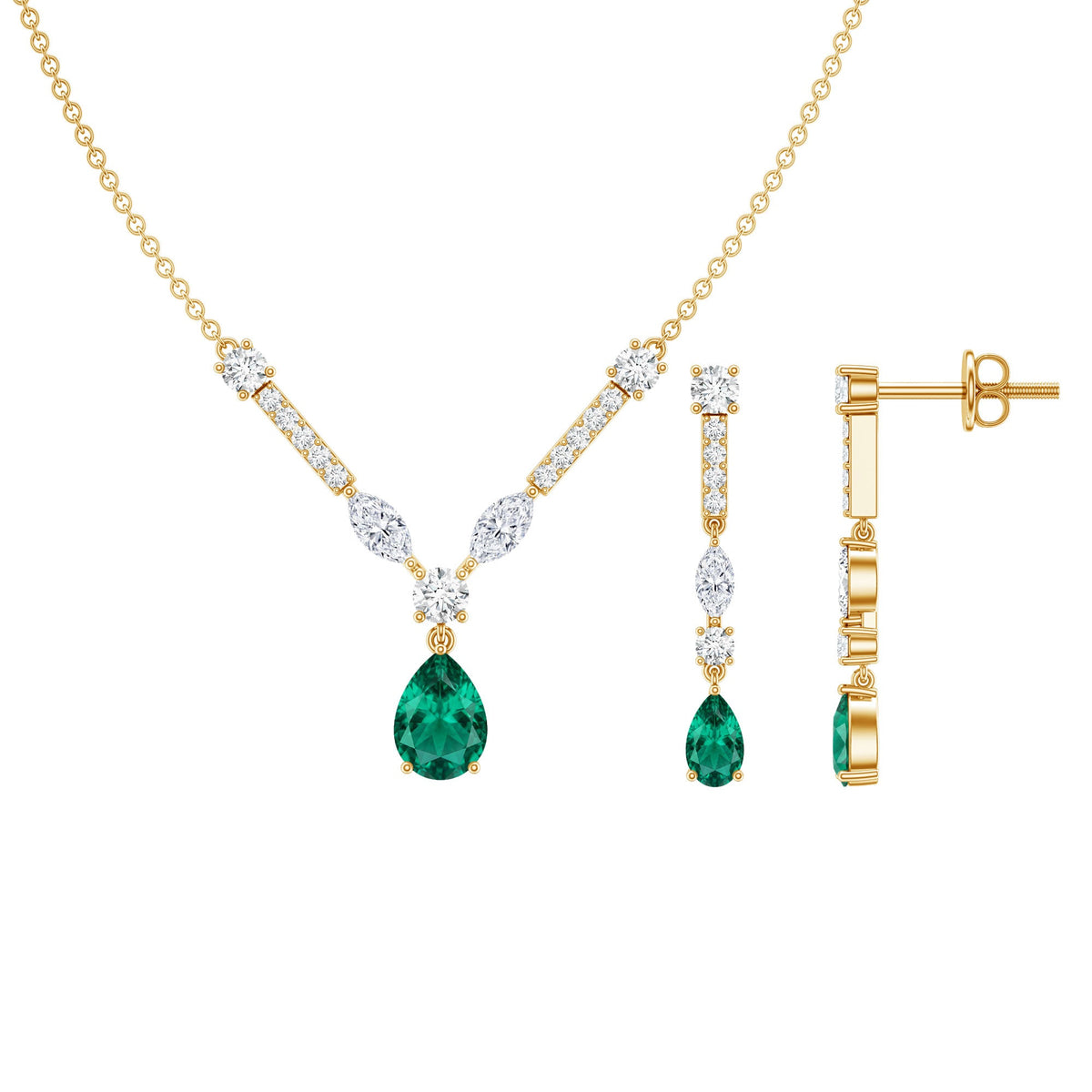 Lab Created Emerald and Moissanite Bridal Necklace Earrings Set