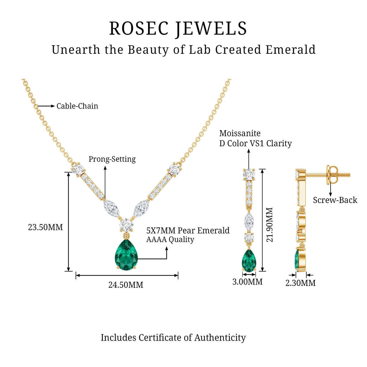 Lab Created Emerald and Moissanite Bridal Necklace Earrings Set