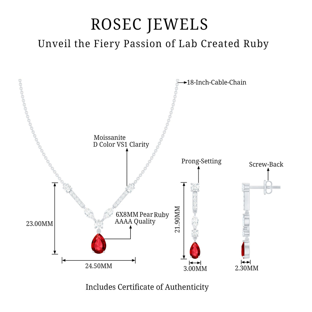 Lab Created Ruby and Moissanite Teardrop Necklace Earrings Set
