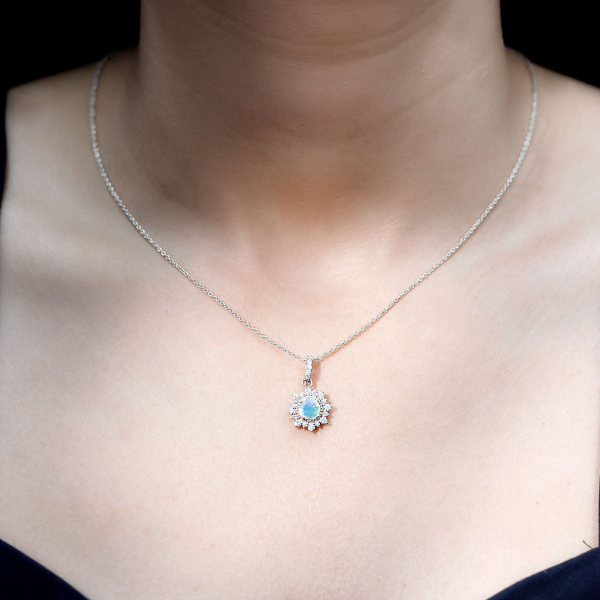 Natural 0.8 Ethiopian Opal Flower Necklace with Diamond Halo