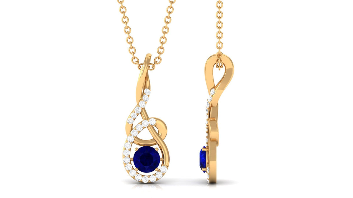 Real 0.9 Carat Blue Sapphire Twisted Pendant Necklace with Diamond