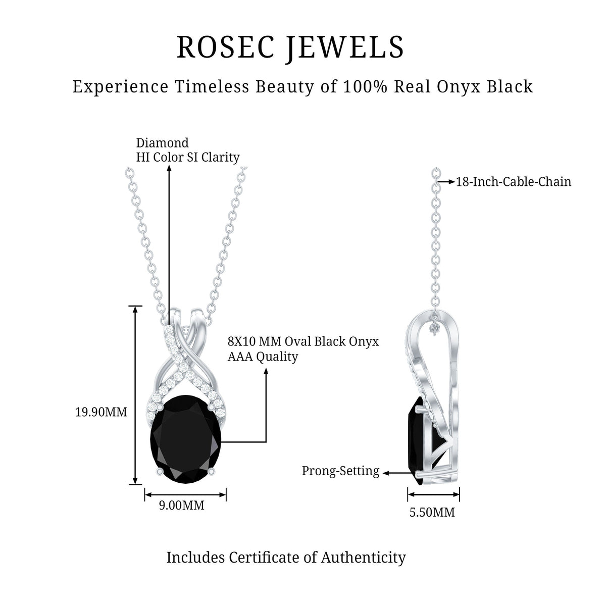 Natural 2.5 Carat Oval Black Onyx Pendant Necklace with Diamond