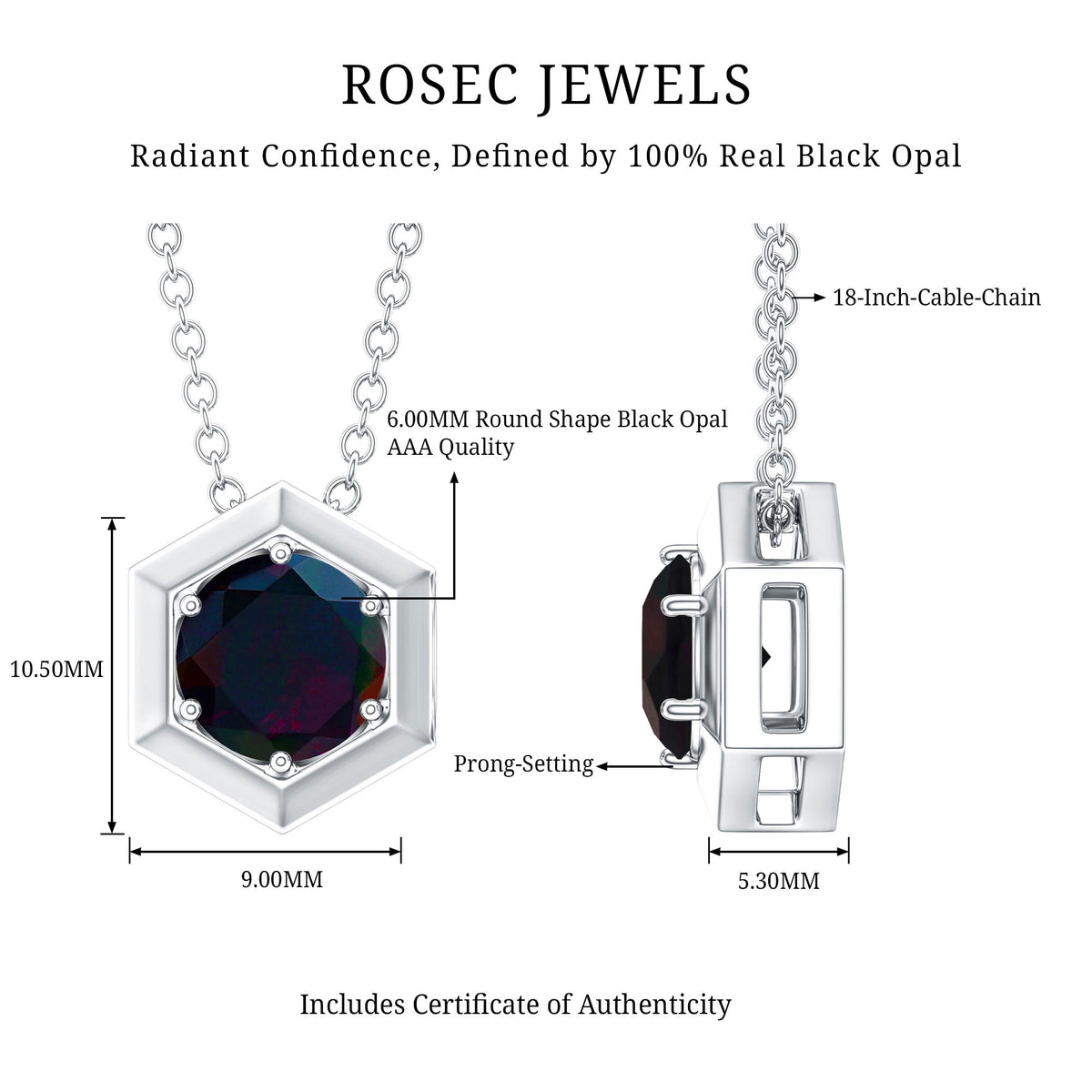 Natural Black Opal Hexagon Pendant Necklace With Chain