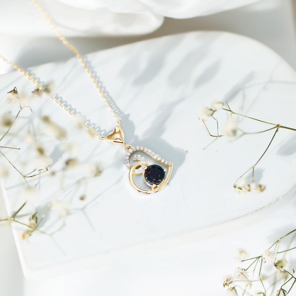 Genuine Black Opal and Moissanite Heart Drop Necklace