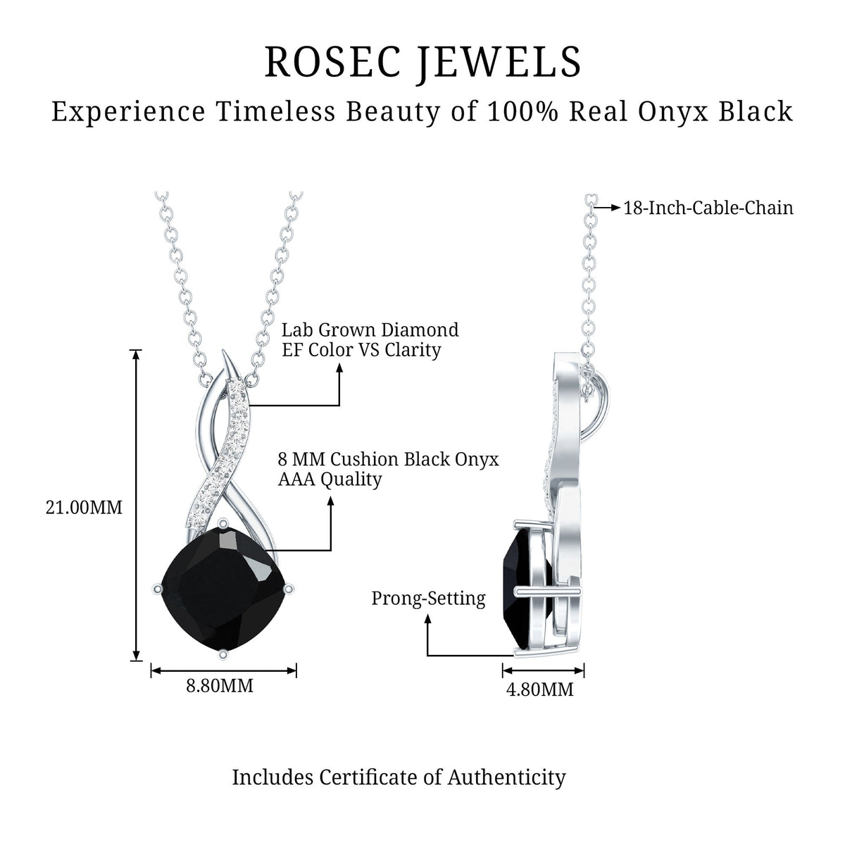 Cushion Cut Black Onyx Solitaire Infinity Necklace with Lab Diamond