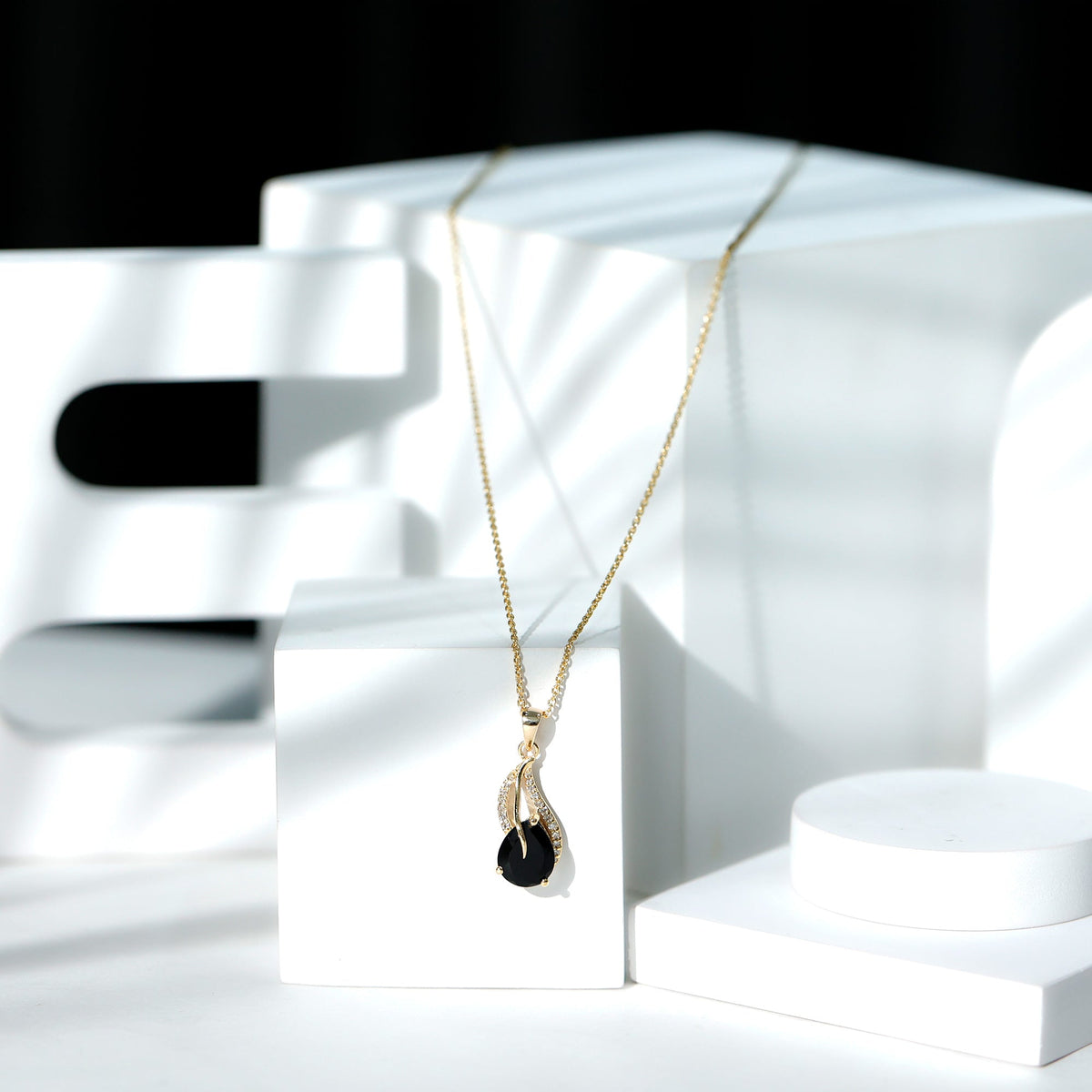 Pear Shaped Black Onyx and Diamond Leaf Pendant Necklace