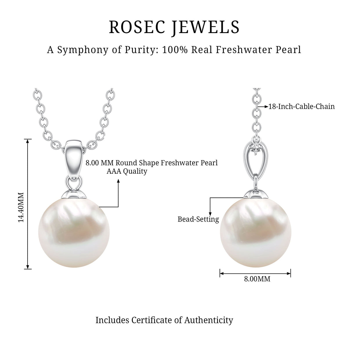 Natural 7.48 Carat Freshwater Pearl Solitaire Pendant Necklace