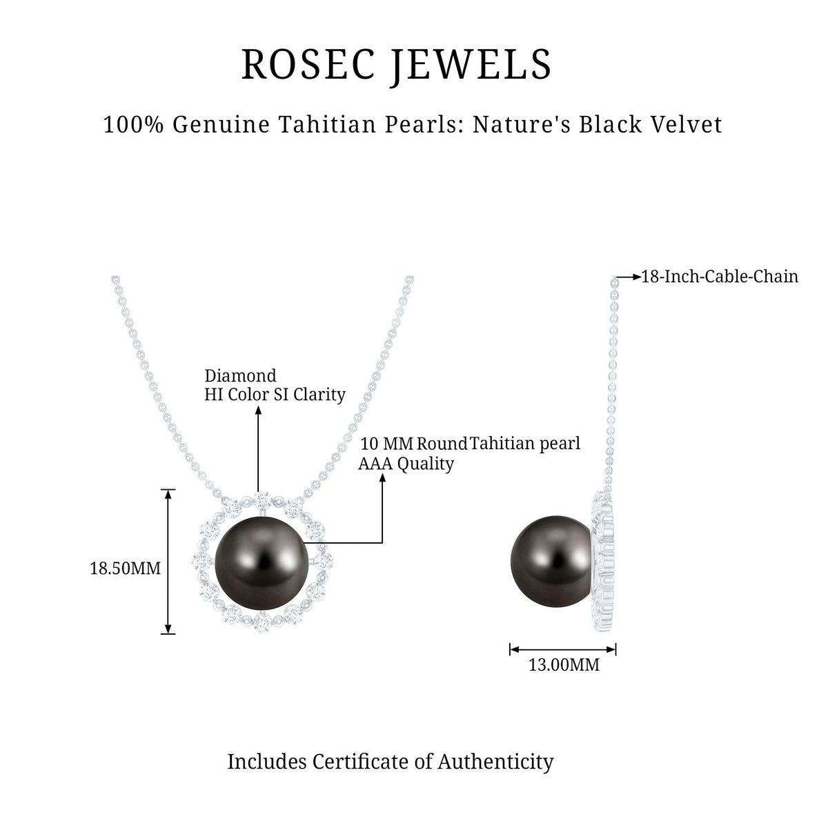Round Tahitian Pearl Solitaire Necklace with Diamond and Beaded Detailing