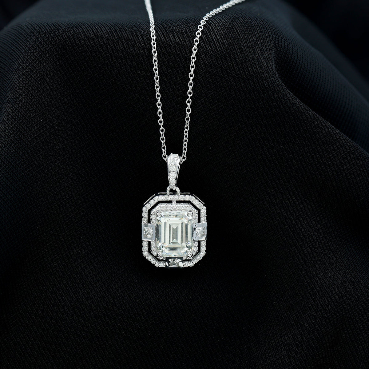 Vintage Style Emerald Cut Moissanite Halo Pendant Necklace