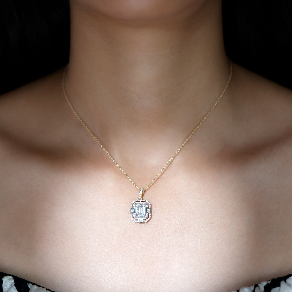 Vintage Style Emerald Cut Moissanite Halo Pendant Necklace