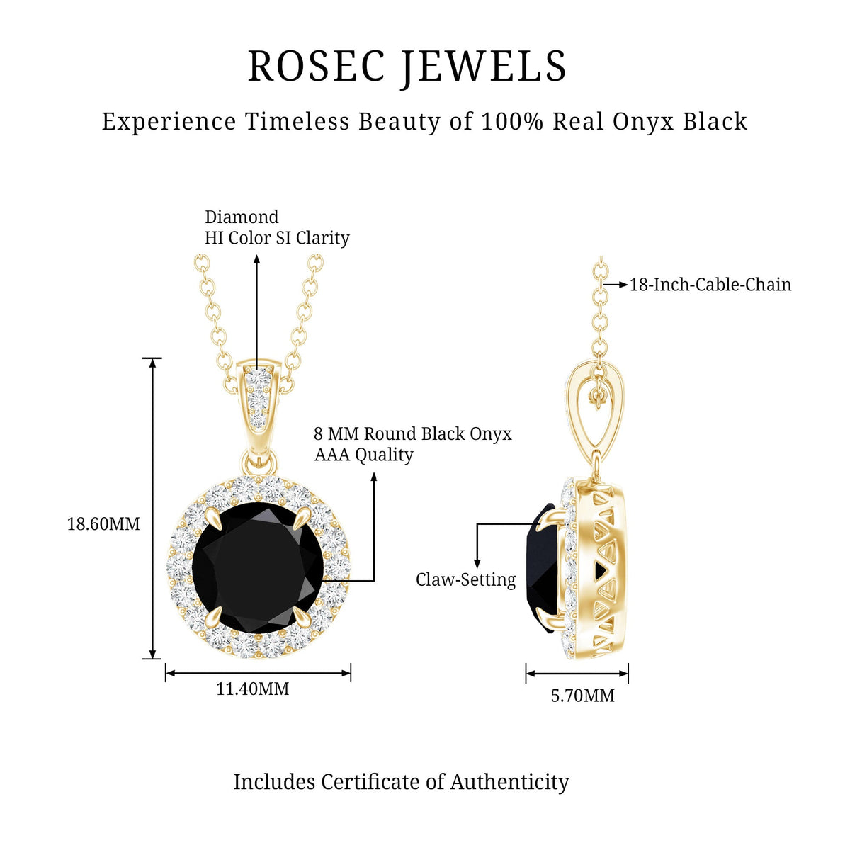 Real 2 Carat Black Onyx Pendant Necklace with Diamond Halo