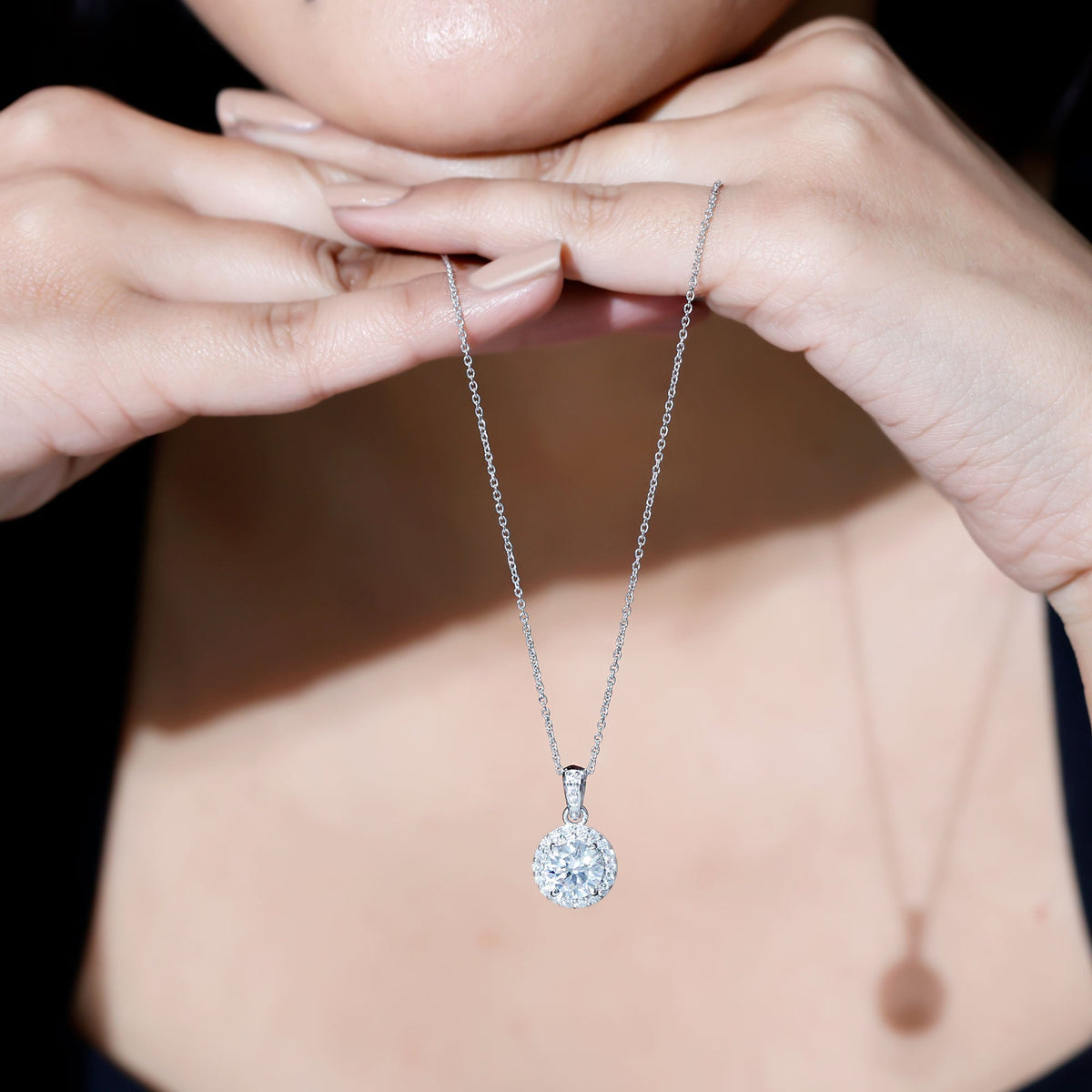 Round Moissanite Classic Halo Pendant Necklace