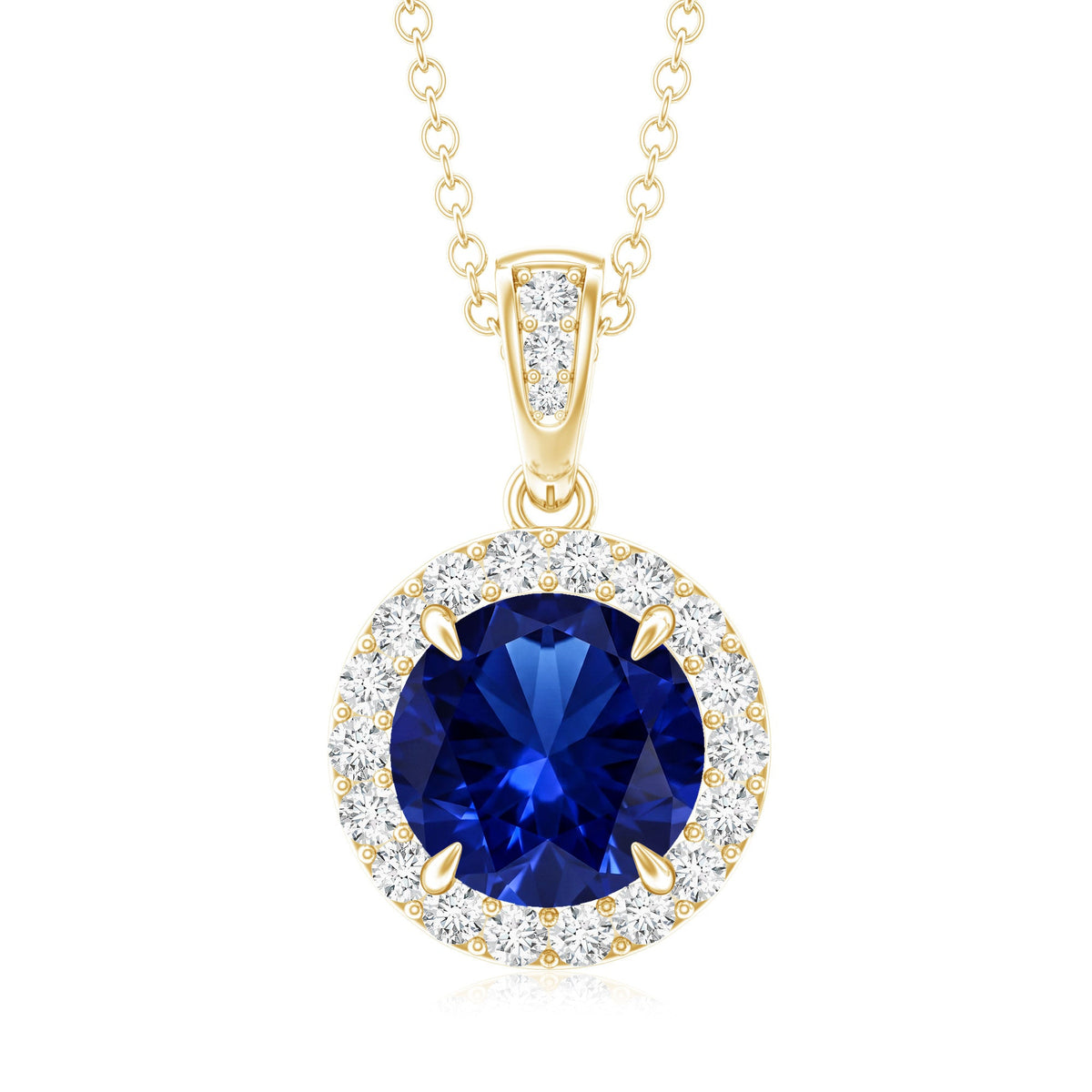 2.74 Carat Round Lab Created Blue Sapphire Halo Necklace with White Diamond