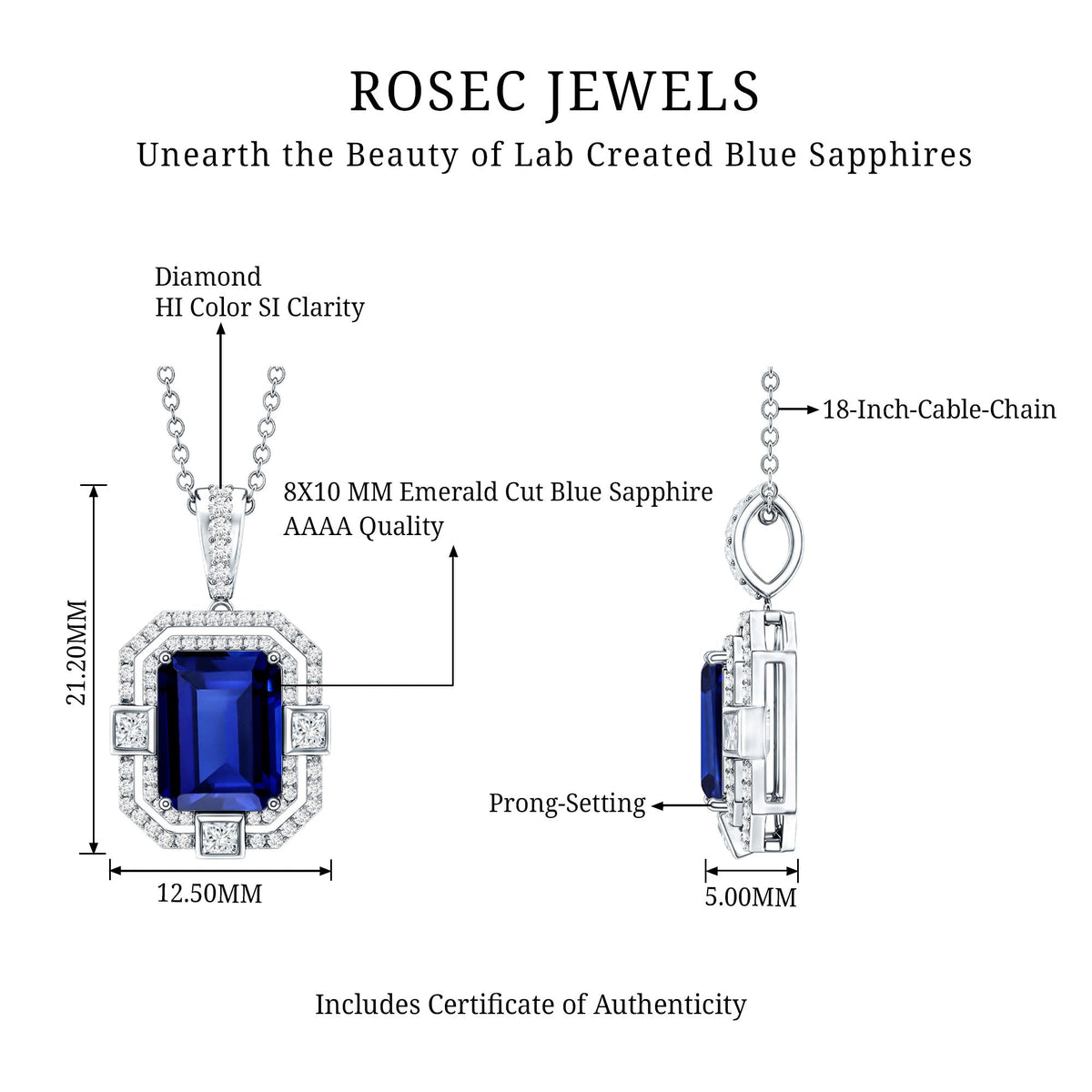 2.7 Carat Emerald Cut Lab Created Blue Sapphire Vintage Necklace with Diamond