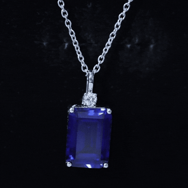9 Carat Lab Grown Blue Sapphire Emerald Cut Necklace with Diamond