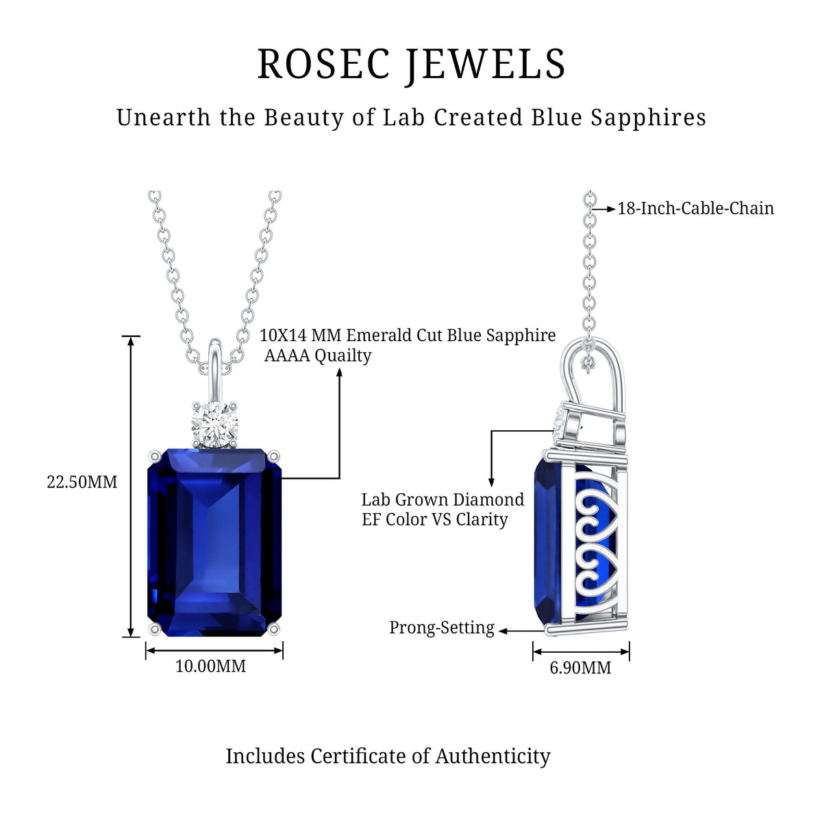 9 Carat Lab Grown Blue Sapphire Emerald Cut Necklace with Diamond