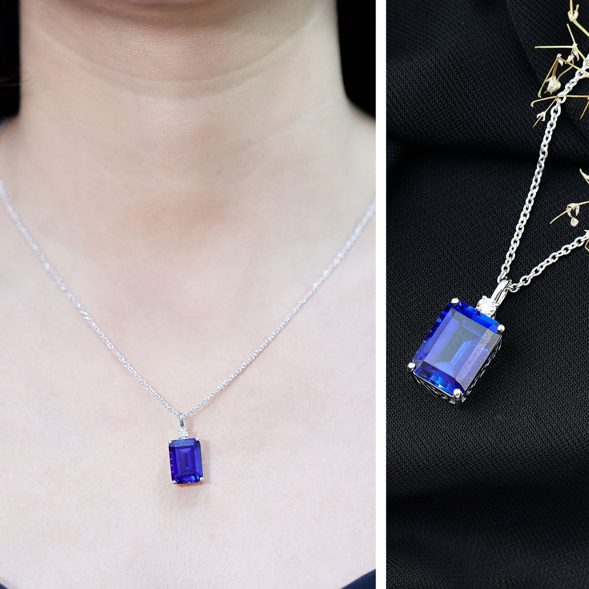 9 Carat Lab Grown Blue Sapphire Emerald Cut Necklace with Diamond