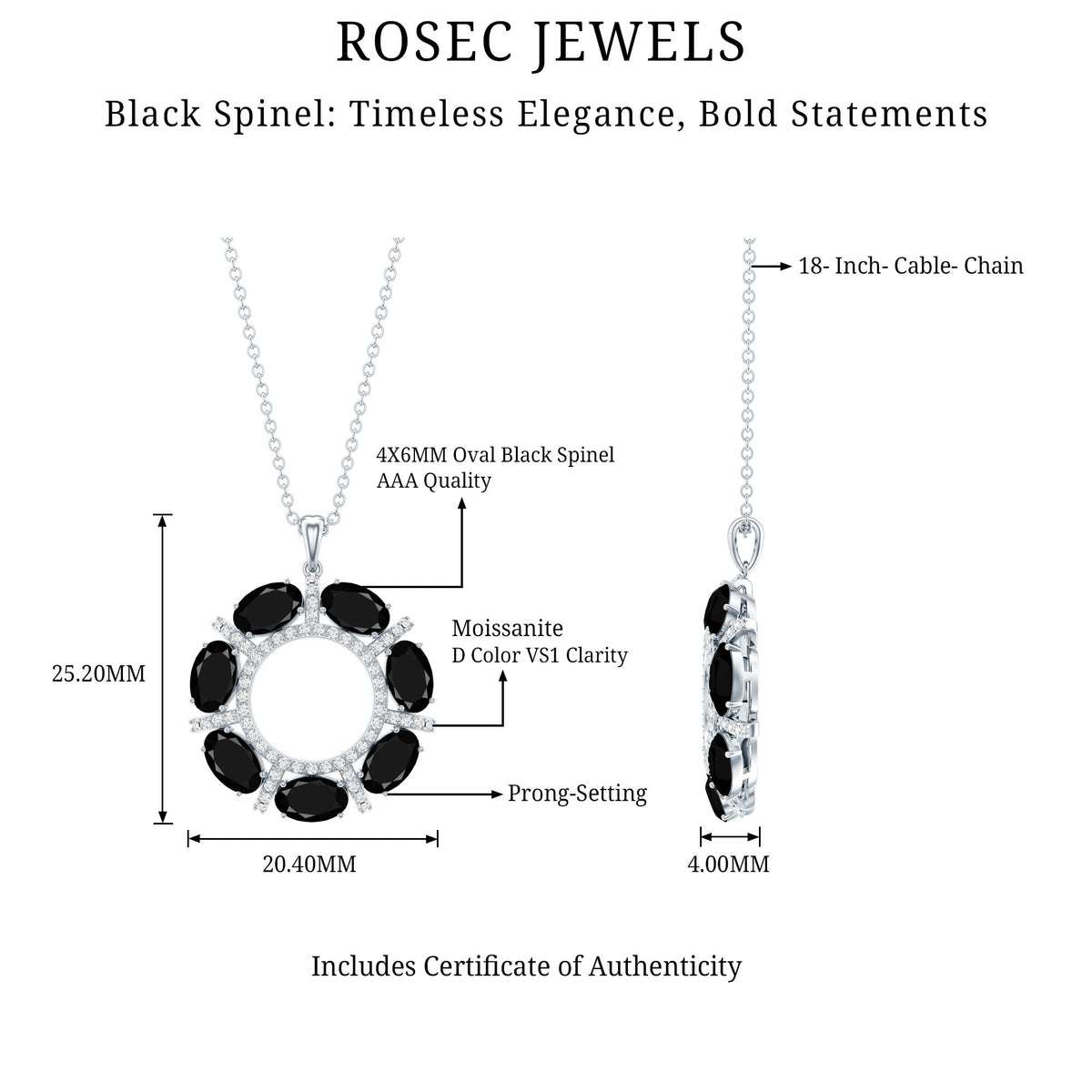 3 CT Oval Cut Black Spinel Eternity Necklace with Silver Chain