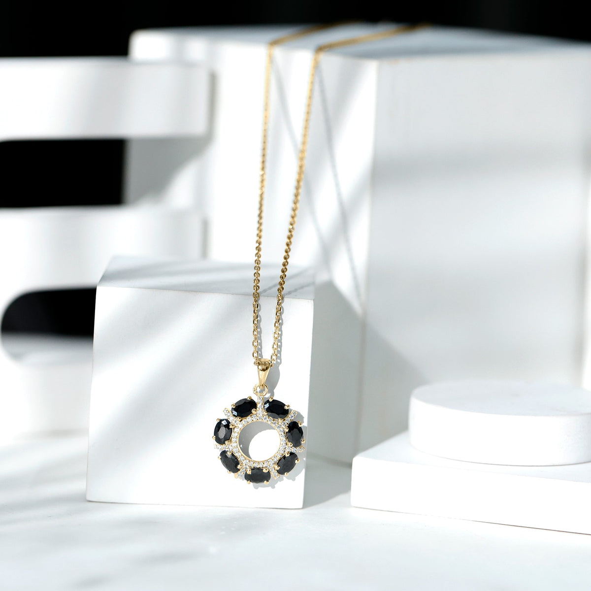 Oval Cut Black Spinel Eternity Pendant with Moissanite