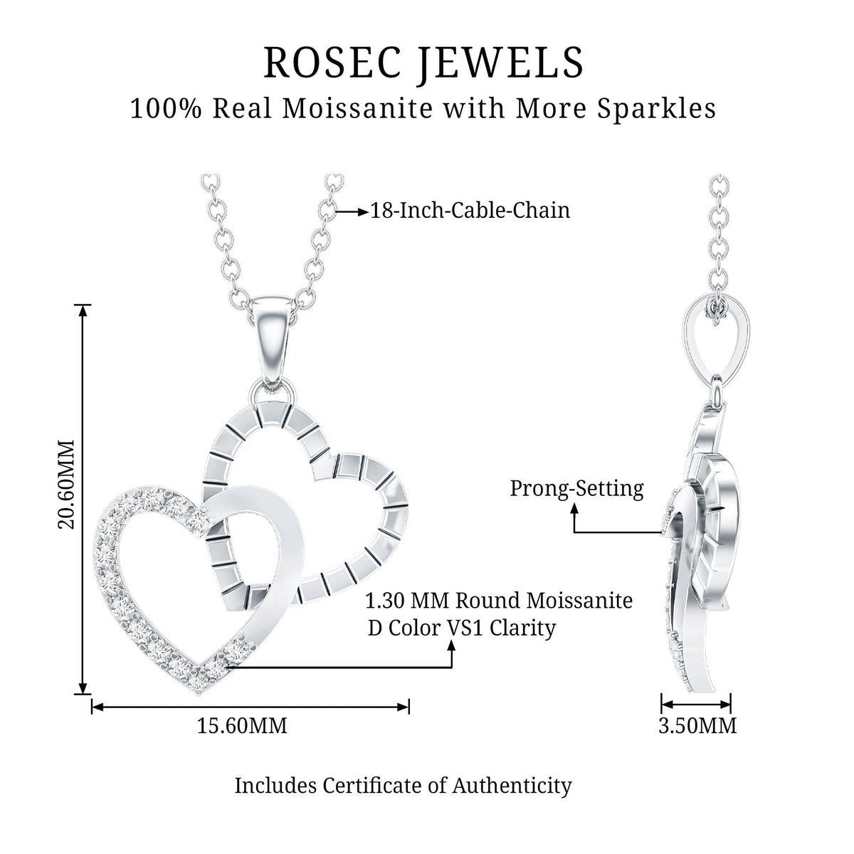 Certified Moissanite Twin Heart Pendant Necklace