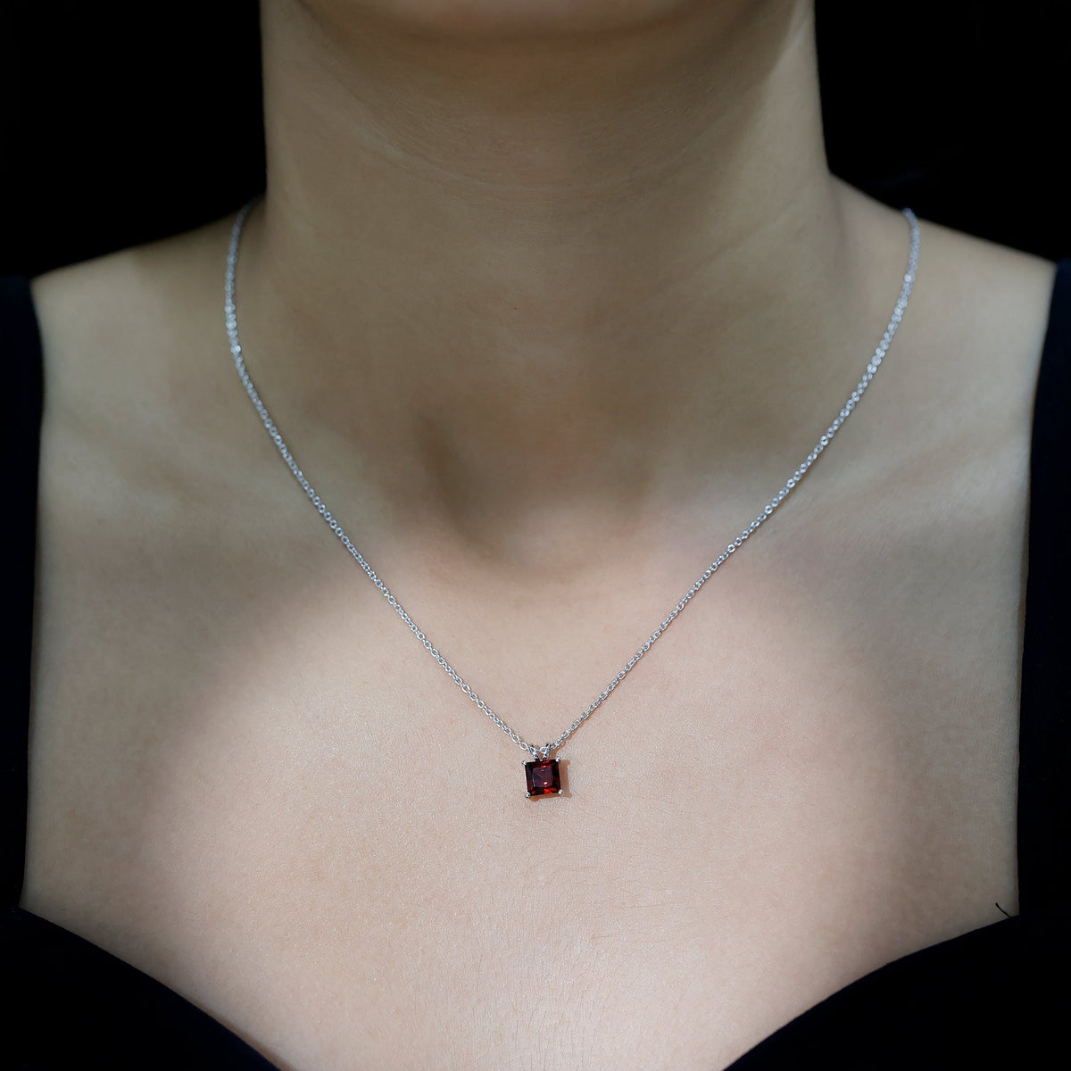 Genuine Princess Cut Garnet Solitaire Locket With Chain